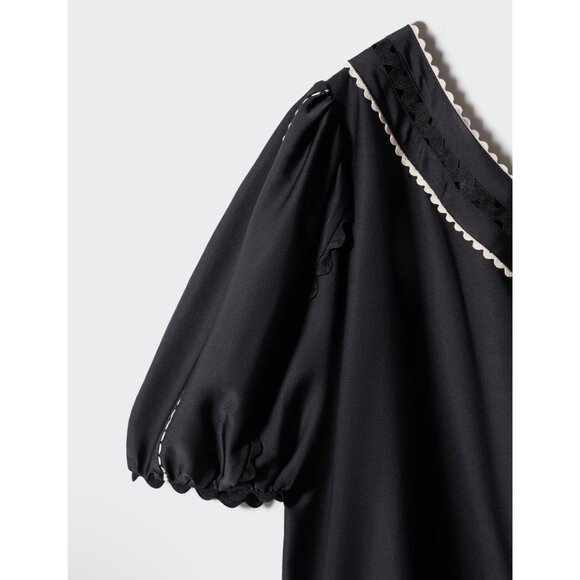 Mango Black Asymmetrical Satin Dress With Puffed Sleeve & Ruffled Hem Sz US 10 - Picture 5 of 13